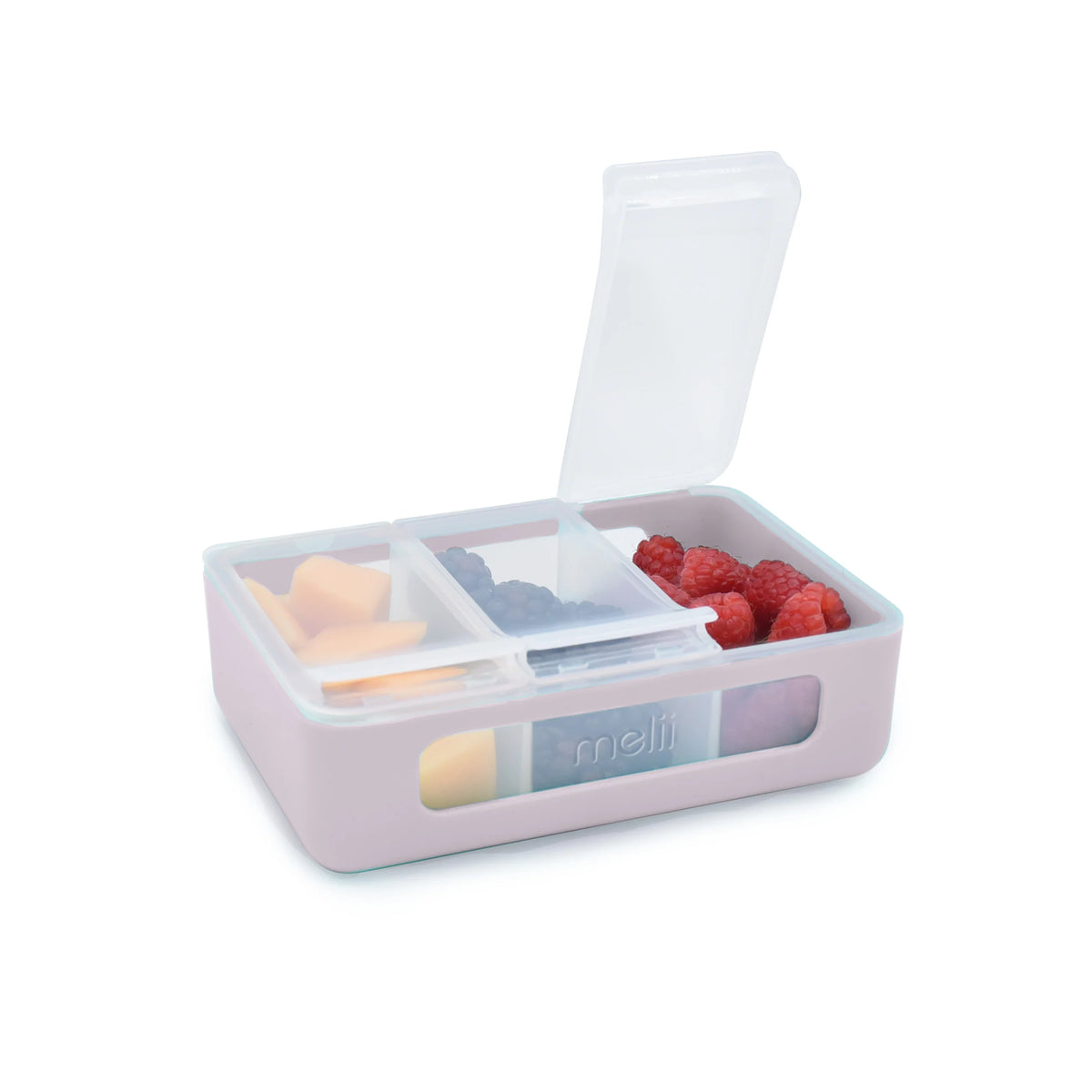 Pink bento box with compartments containing snacks on a white background