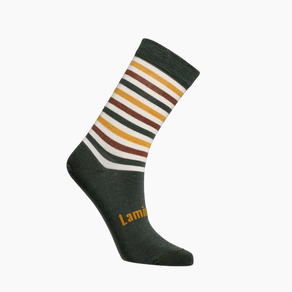 Multi colour stripe crew merino socks on a white background