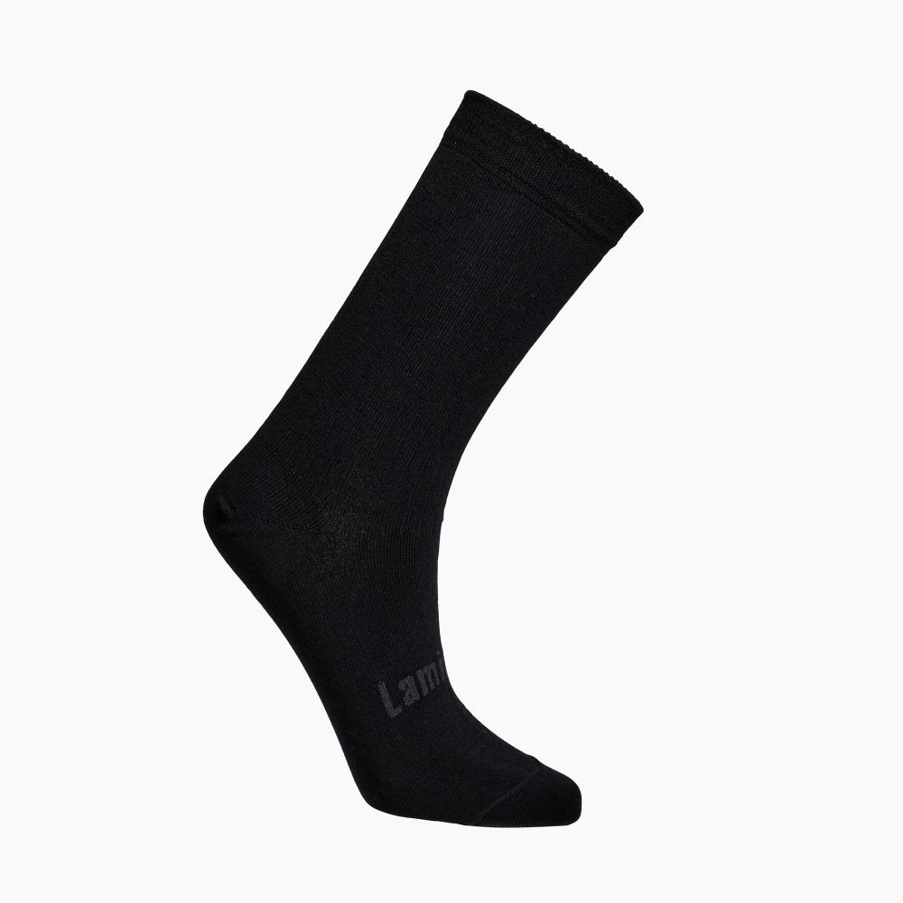 Black rib merino crew socks on a white background