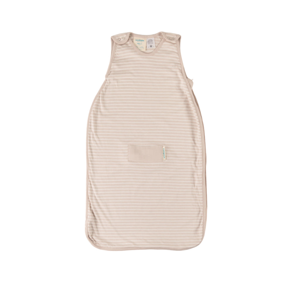 Beige striped woolbabe mini baby sleeping bag on a white background
