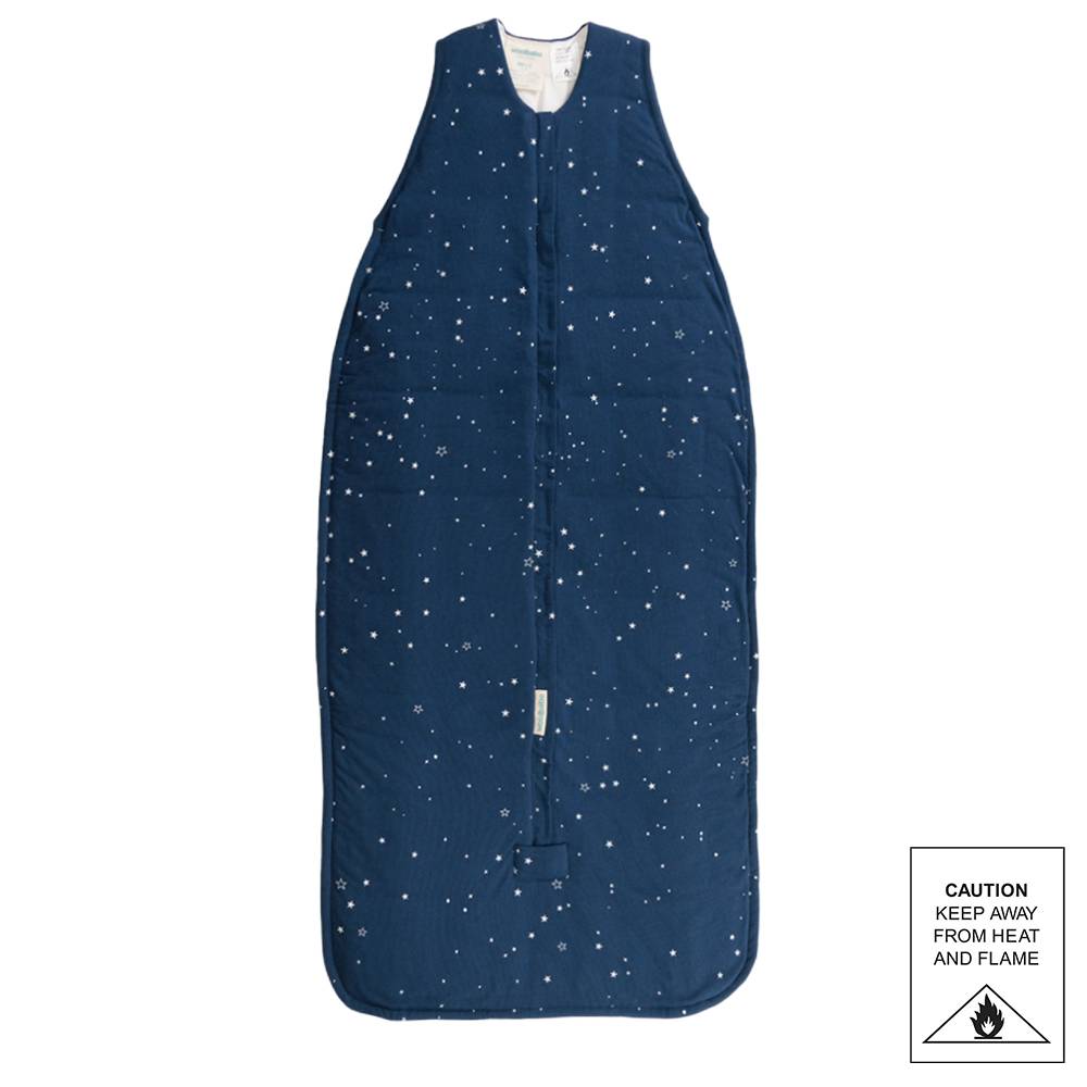 Navy blue sleeping bag with star pattern on a white background