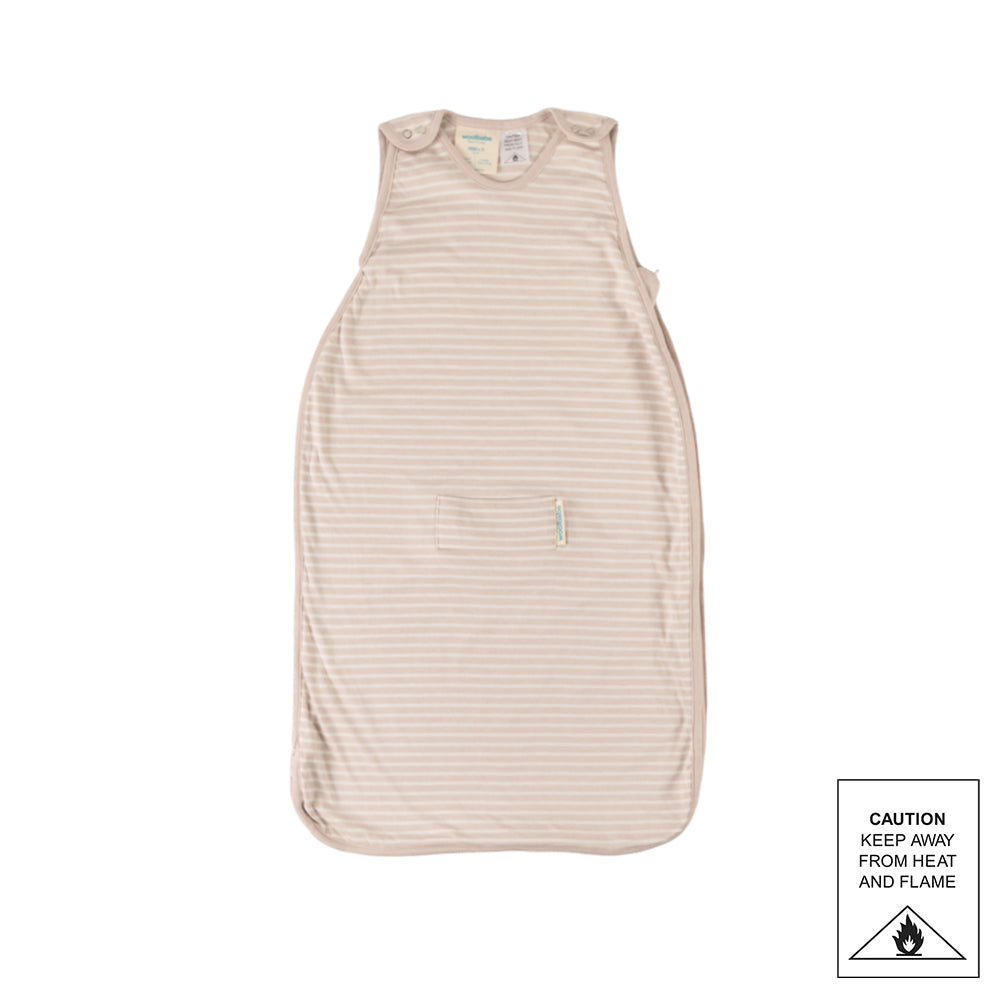 Beige striped baby sleeping bag on a white background with a warning label.
