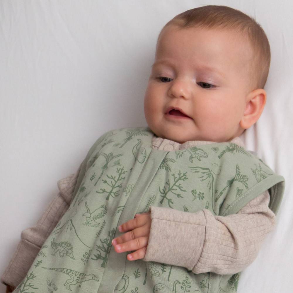 Baby wrapped in a green patterned woolbabe sleeping bags against a white background