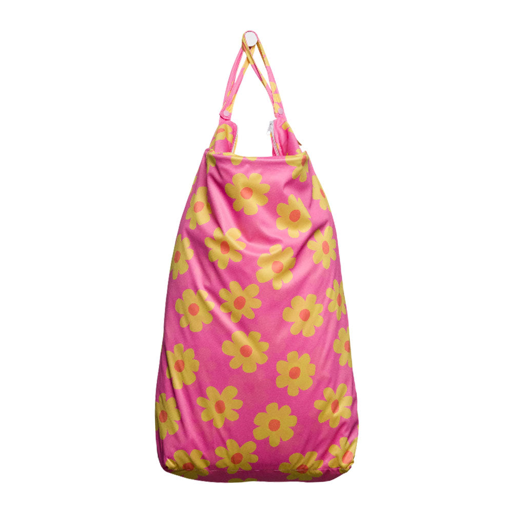 Pink wet swimming bag with yellow floral pattern on a white background