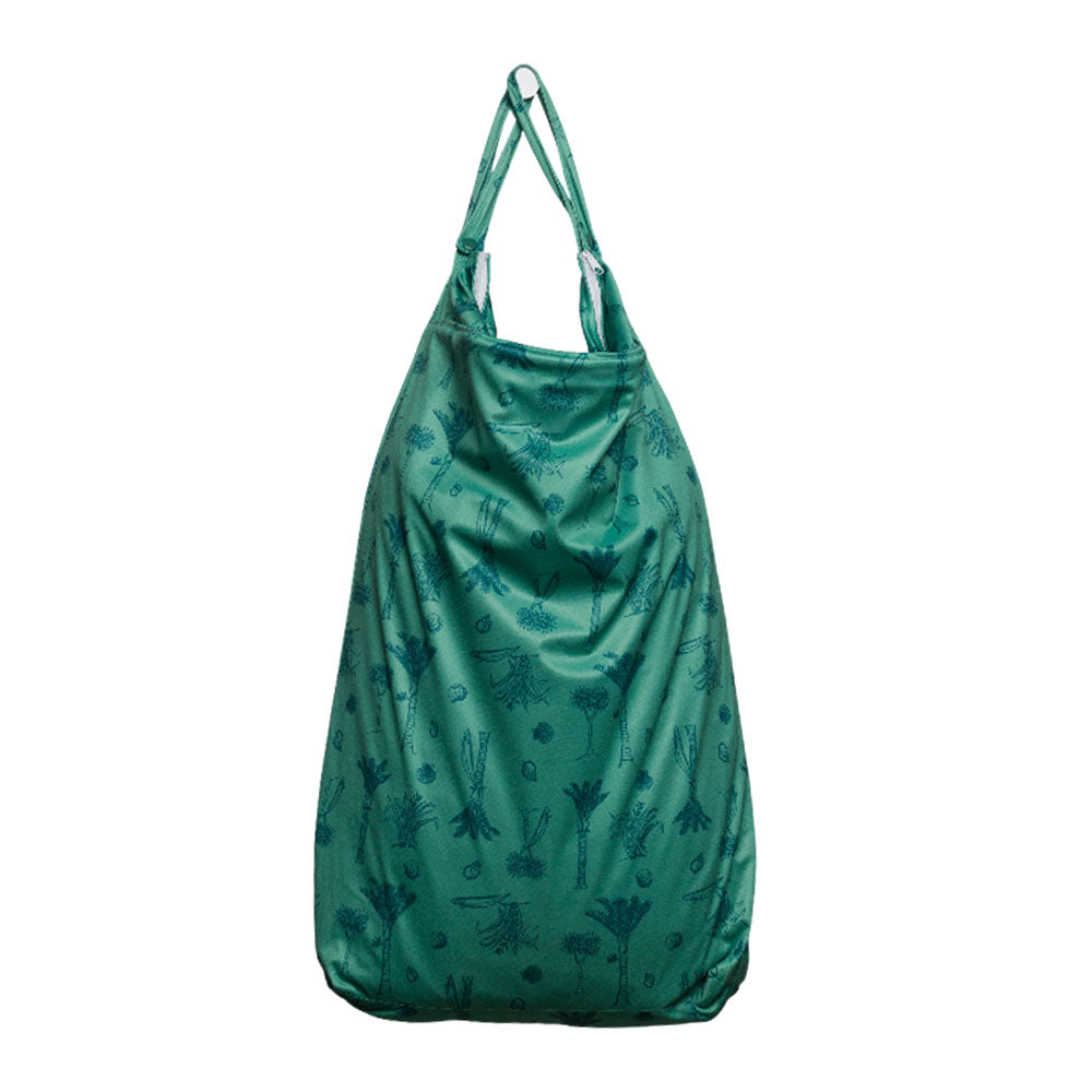 Green wet tote bag with floral pattern on a white background