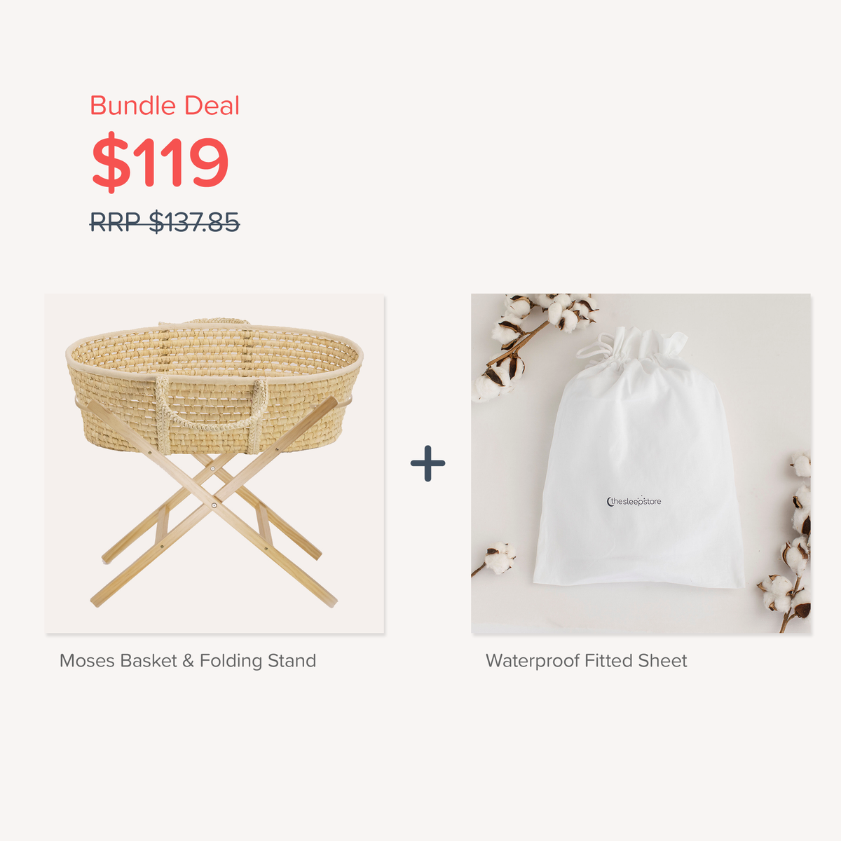 Bundle Deal tile. Moses Basket + Waterproof Fitted Protector Sheet. 