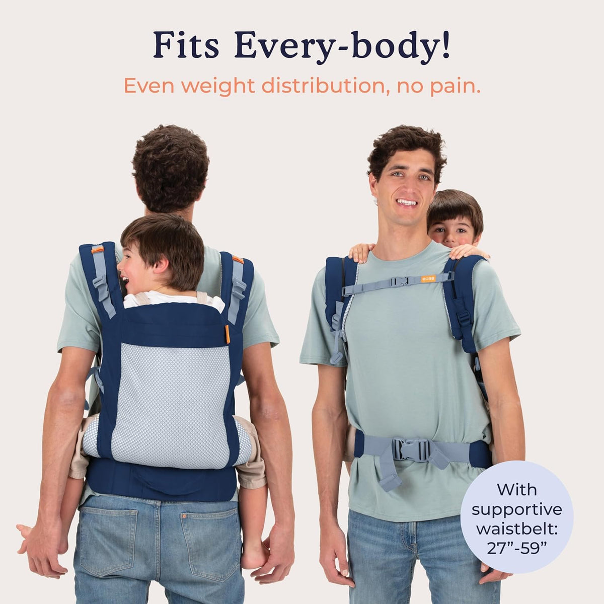 Two men using a baby carrier with text highlighting its comfort and support.