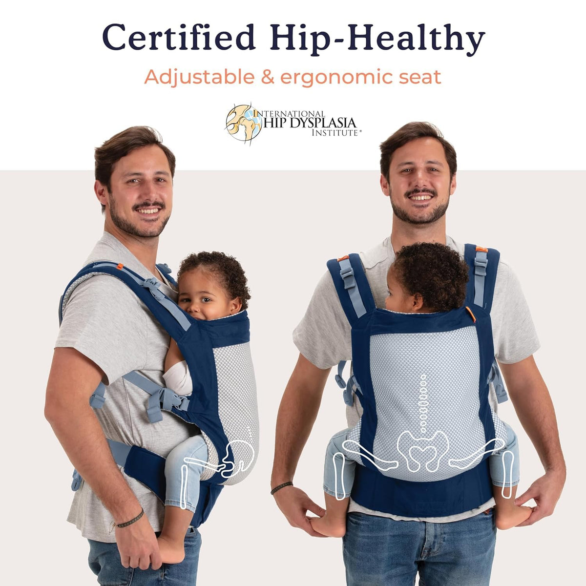 Man carrying a child in a blue ergonomic baby carrier with text about hip health and certification.