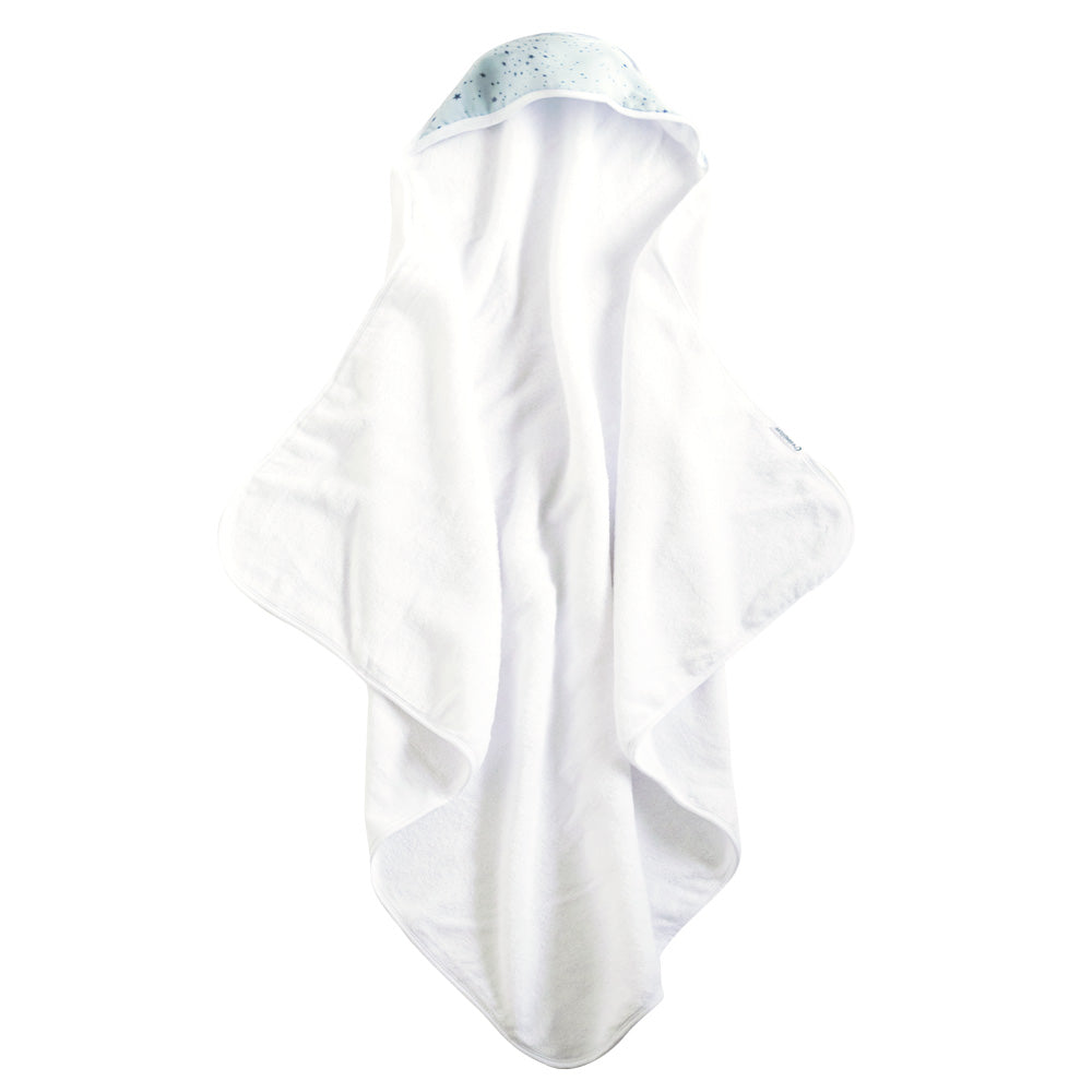 A white hooded baby towel with a light blue star pattern on the inside of the hood, shown against a plain white background.