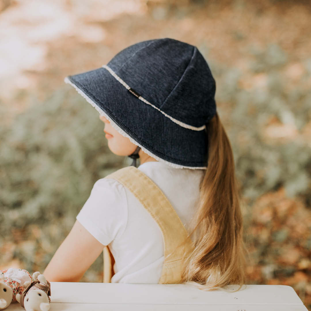 Ruffle Ponytail Bucket Sun Hat - Denim