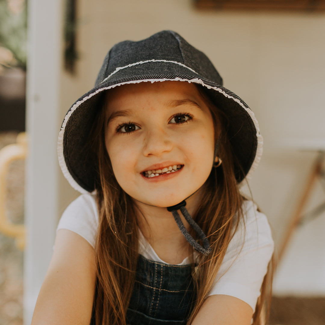 Ruffle Ponytail Bucket Sun Hat - Denim