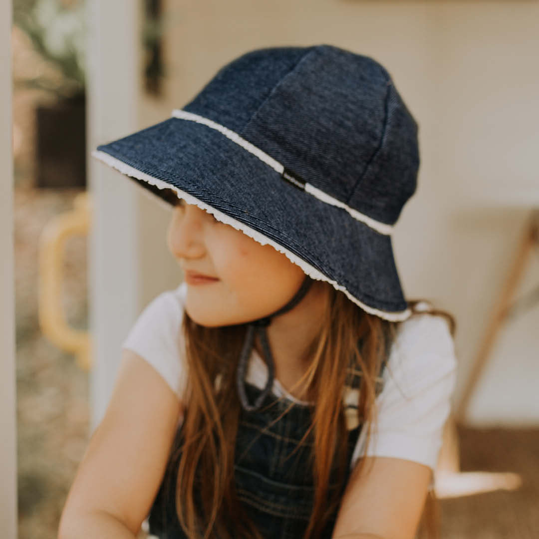 Ruffle Ponytail Bucket Sun Hat - Denim