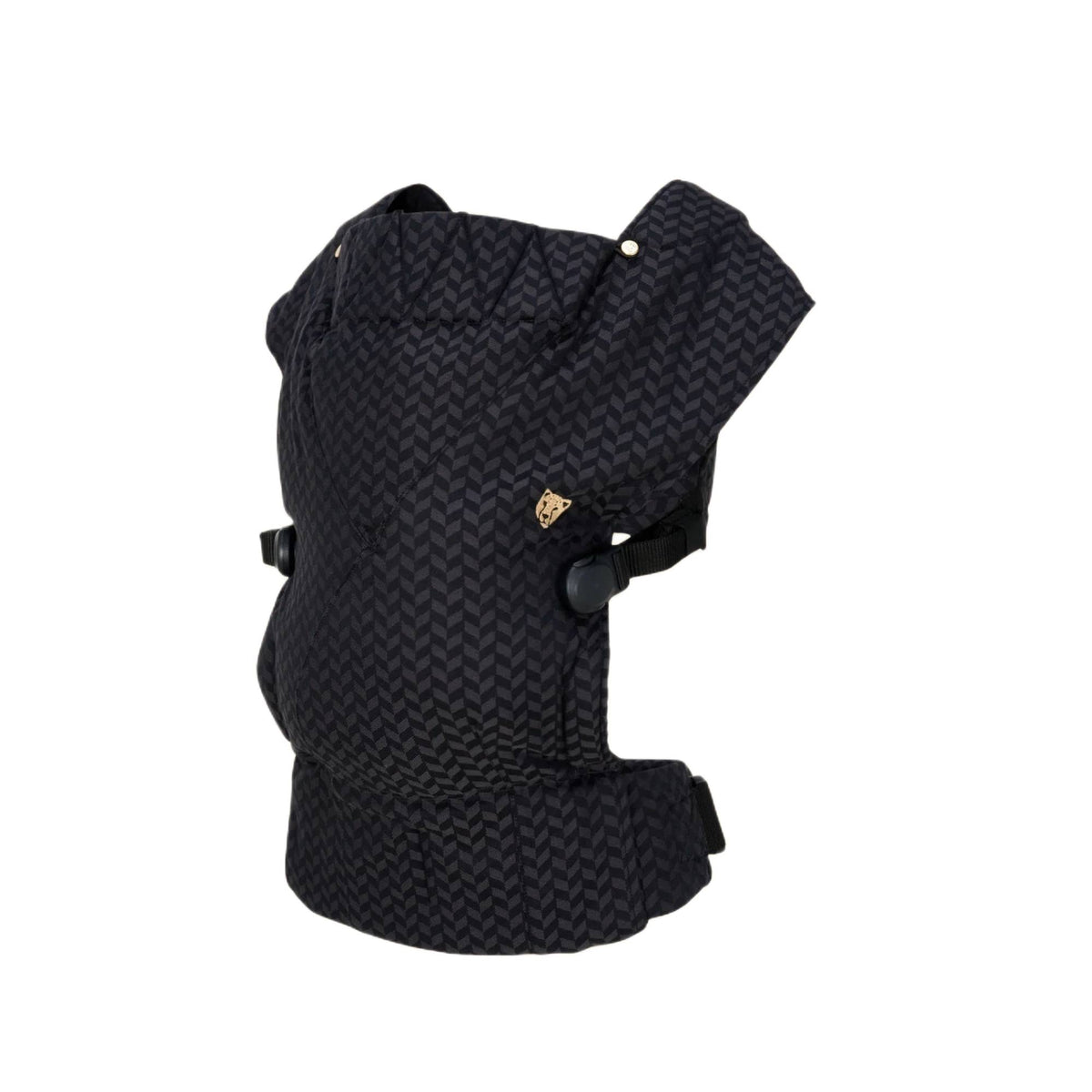 A black baby carrier on a white background. 