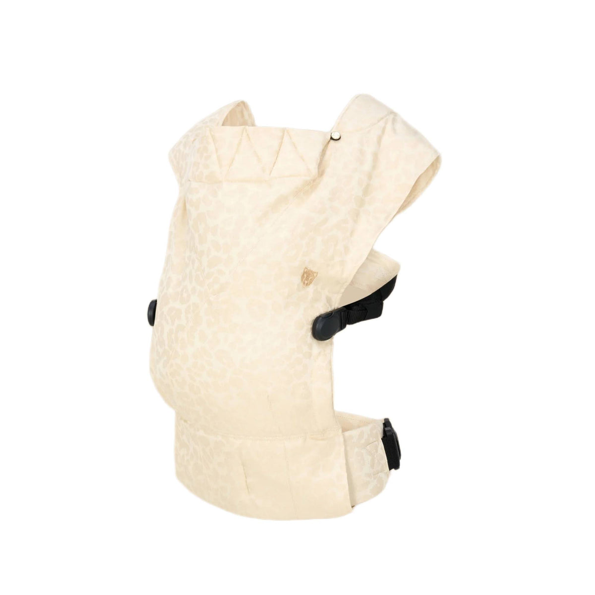 A baby carrier that has a beige leopard print, on a white background. 