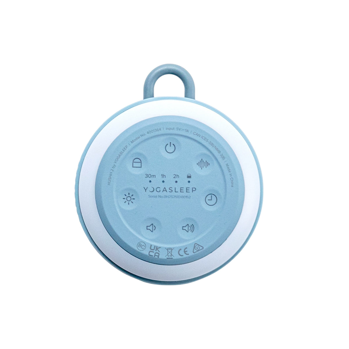 Blue baby soother white noise machine with control buttons on a white background