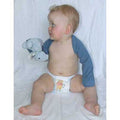 Baby wearing blue mitten sleeves against white background.