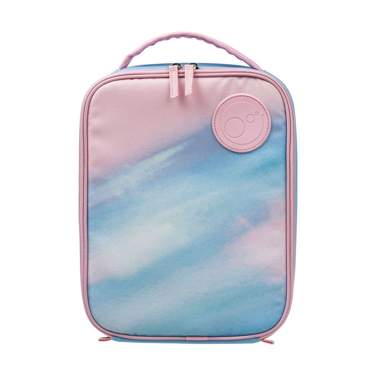 Pink and blue cloud-patterned insulated lunch bag with a b.box logo on a white background