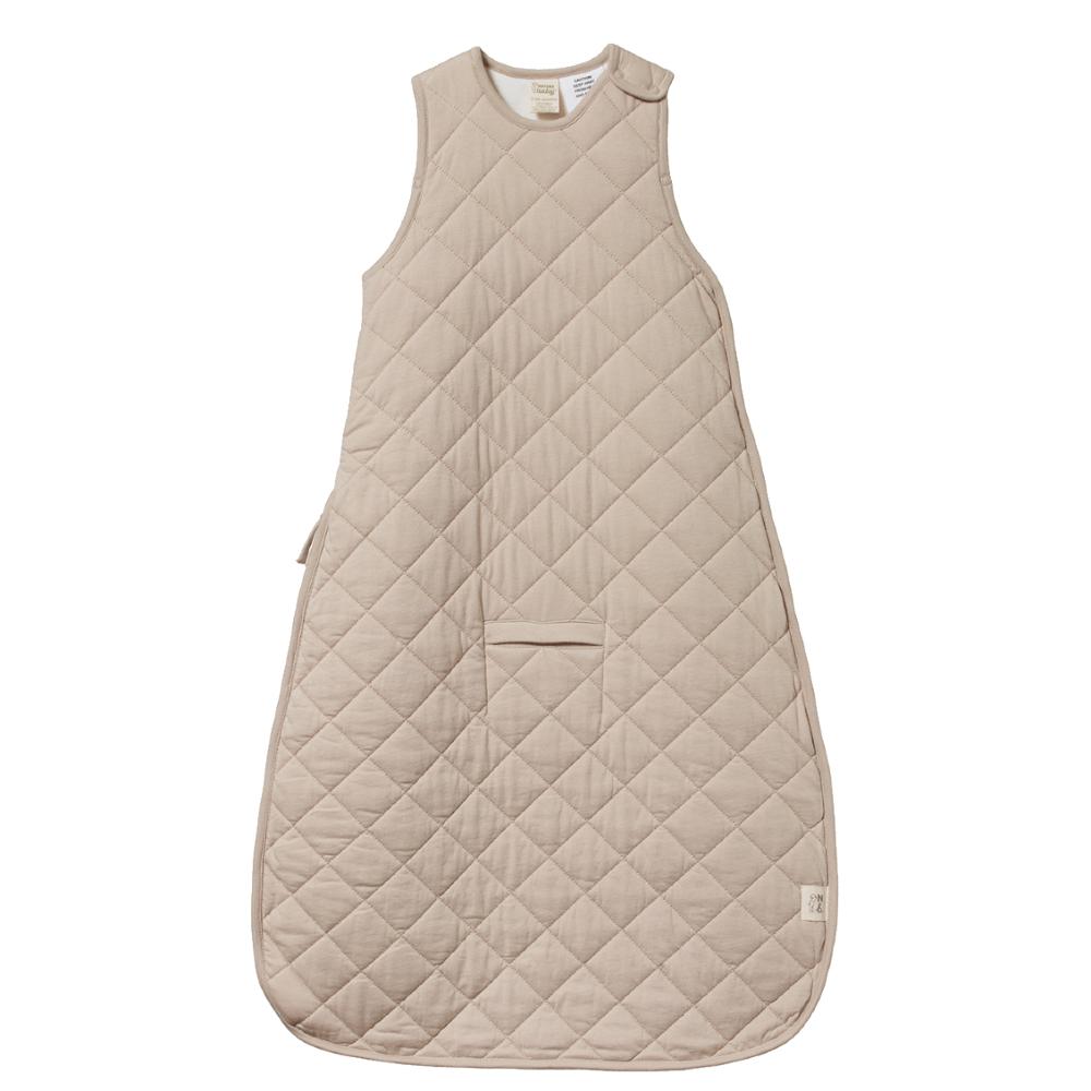 Beige quilted baby sleeveless sleeping bag with domes and a pram slot on a white background