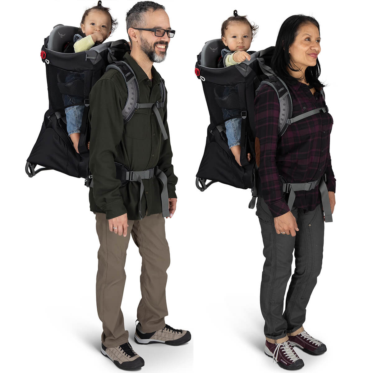 Two adults using backpack baby carriers with a baby on their backs against a white background