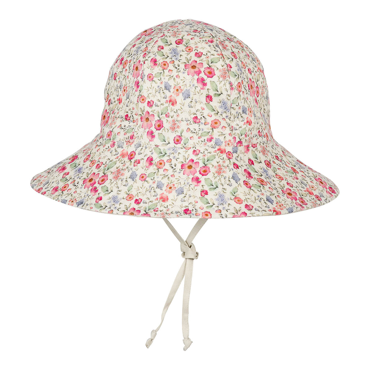 Linen bucket hat with an all over floral print on a white background.