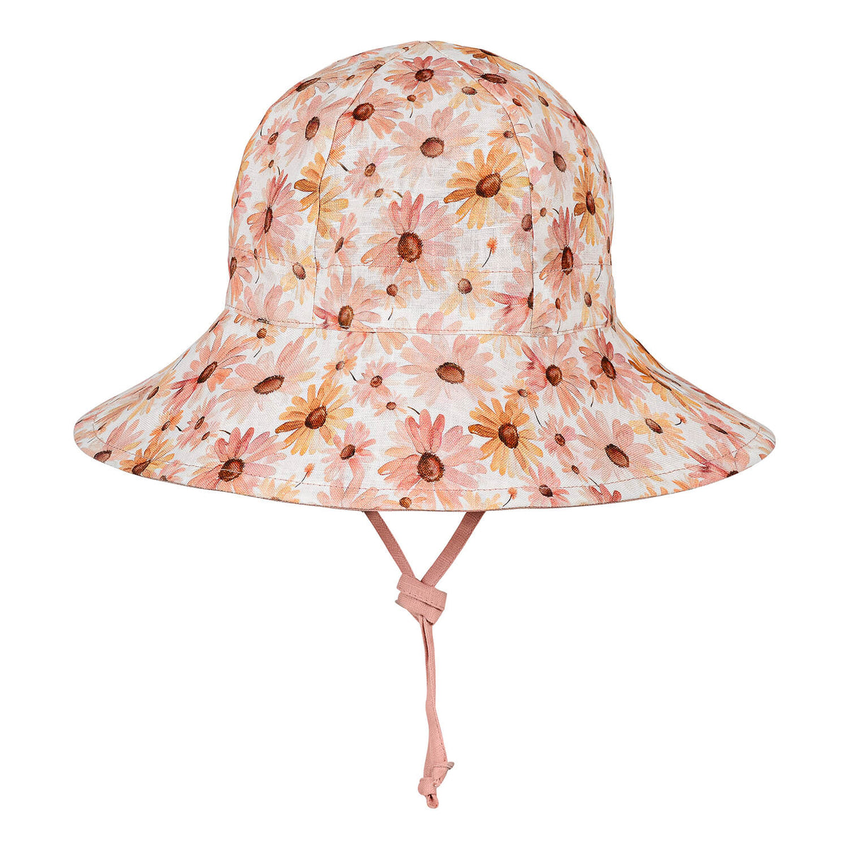 Girls linen bucket hat with floral designon a white background. 