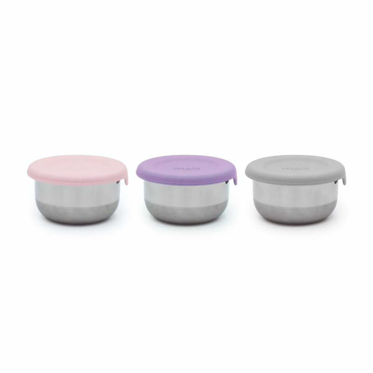 Three small stainless steel containers with lids in pink, purple, and gray on a white background