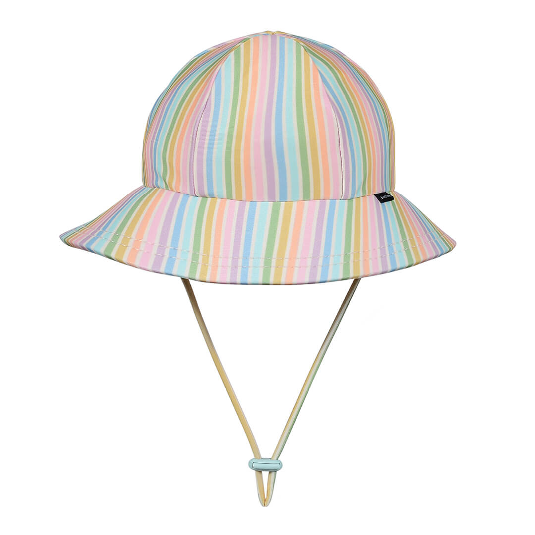 Swim Ponytail Bucket Sun Hat - Rainbow Stripe on a white background