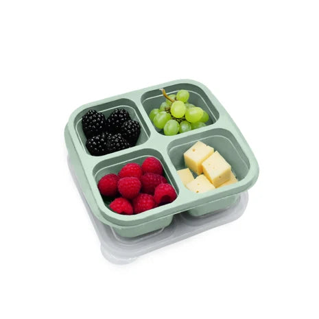 A four-compartment plastic meal prep container in sage green, shown filled with blackberries, green grapes, raspberries, and cheese cubes, with a translucent lid resting underneath on a white background.