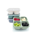 Set of meal prep containers with compartments filled with fruits and cheese on a white background