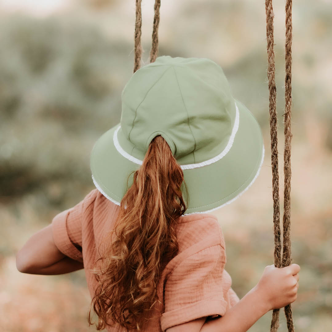 Ruffle Ponytail Bucket Sun Hat - Khaki