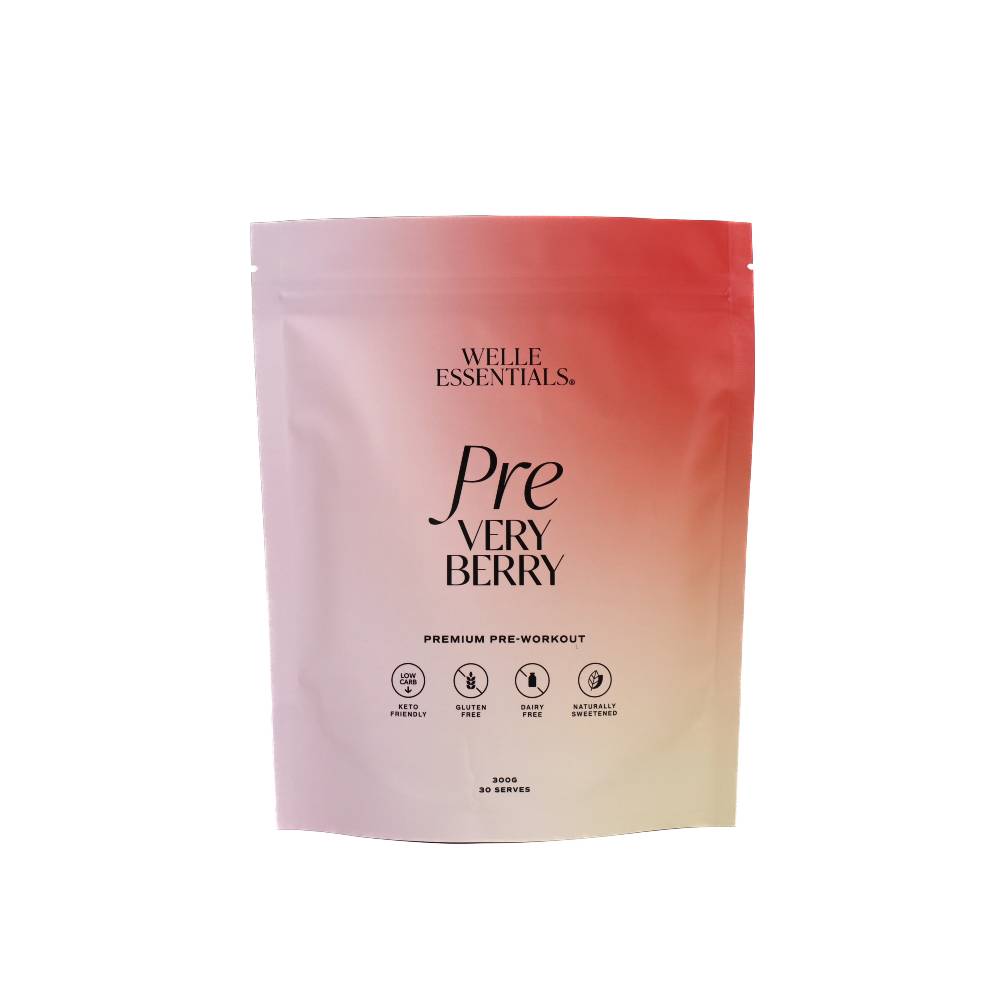 Pink pre workout pouch against white background.