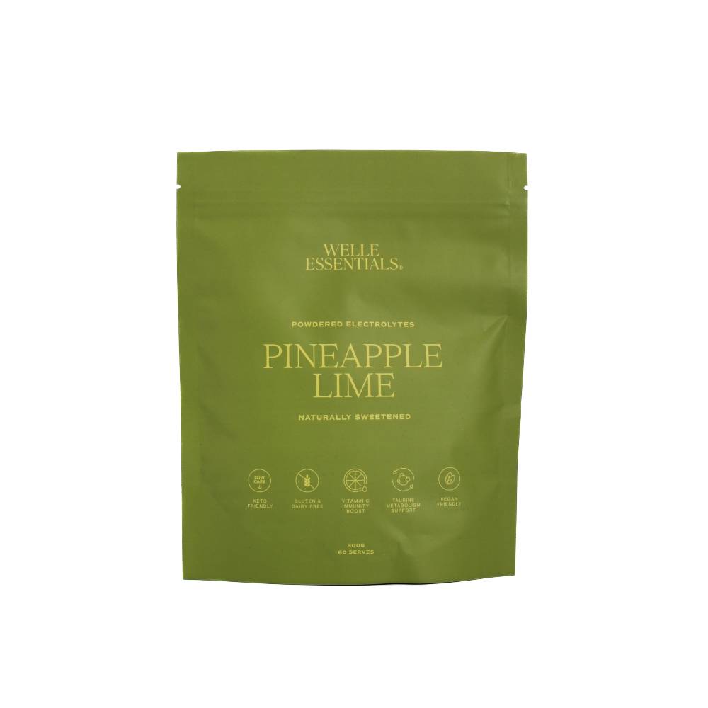 Green electrolyte pouch against white background.